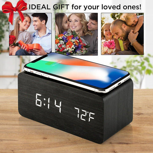 Wooden Wireless Charging Alarm Clock with Bluetooth Speaker