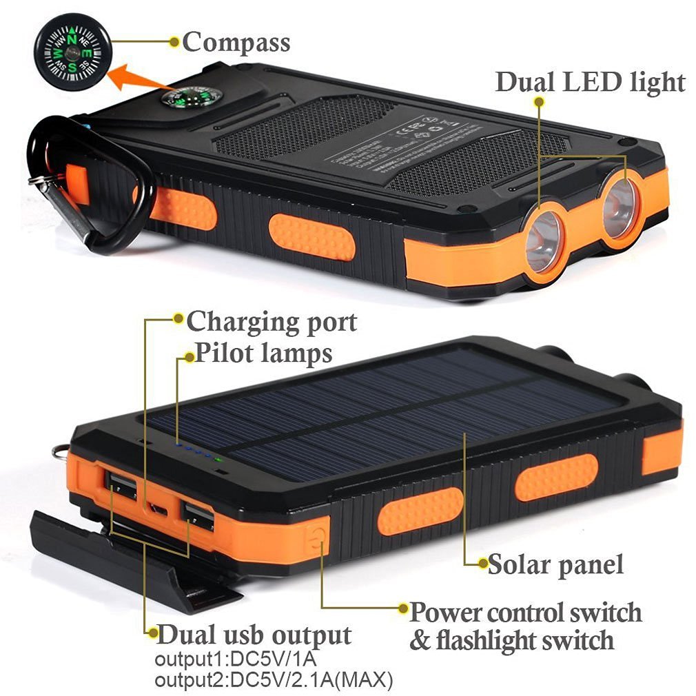 8000mAh Waterproof Compass Solar Power Bank with Flashlight